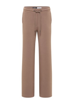 Pantalons de survêtement marron avec une taille à cordon, poches latérales et une coupe décontractée. Fabriqués en tissu doux avec une texture lisse.