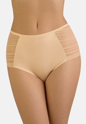 Beige hooggerijpte onderbroek met een gladde stof en gestreepte gaasaccenten aan de zijkanten, met een gegolfde rand rond de taille.