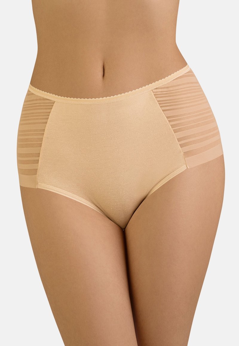 Beige hooggerijpte onderbroek met een gladde stof en gestreepte gaasaccenten aan de zijkanten, met een gegolfde rand rond de taille.