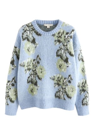 Hellblauer Pullover mit floralem Muster in Grün und Creme. Verfügt über einen gerippten Ausschnitt, Bündchen und Saum. Weiches, strukturiertes Strickmaterial.