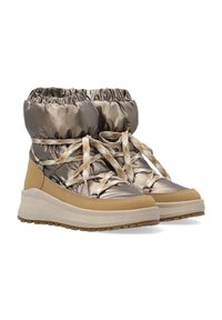 Metaliczne, brązowe, wodoodporne buty ze pikowanym cholewką, elastycznymi mankietami i beżowymi gumowymi podeszwami. Posiadają sznurowadła z wzorem oraz amortyzującą konstrukcję.