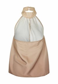 Top senza maniche con collo all'americana e finitura in satin beige, caratterizzato da un retro trasparente bianco, pieghe verticali al colletto e chiusura con bottone sulla schiena.