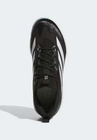 Black athletic shoe with a mesh upper, white stripes, and textured pattern. Features a round toe and lace-up design with a pull tab.