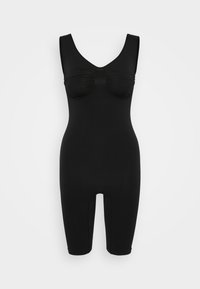 Black bodysuit made of stretchy fabric, featuring a scoop neckline, sleeveless design, gathered bust detail, and an ankle-length cut with openings.