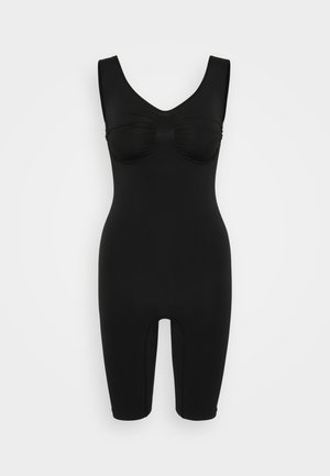 Bodysuit preto feito de tecido elástico, com decote arredondado, design sem mangas, detalhe de busto franzido e corte até os tornozelos com aberturas.