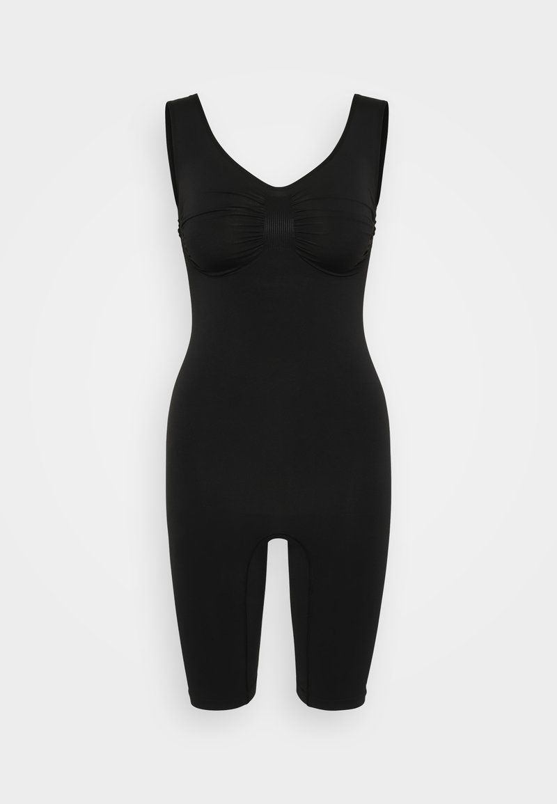Black bodysuit made of stretchy fabric, featuring a scoop neckline, sleeveless design, gathered bust detail, and an ankle-length cut with openings.