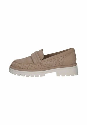 Beige loafers met een geperforeerd ontwerp, een gekartelde accent over de voorkant en een chunky witte zool met een gestructureerde afwerking.