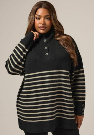 Schwarz-beige gestreifter, oversized Pullover mit hohem Kragen, Knopfverschluss und gerippten Bündchen. Weiche Textur, lockere Passform.