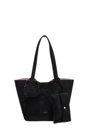 Zwarte suède tas met dubbele schouderbanden, klein bevestigd zakje en bijpassende zwarte portemonnee met drukknoopsluiting, merk "DIANA&CO FIRENZE."