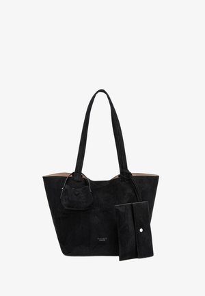 Sac fourre-tout en daim noir avec deux bretelles d'épaule, petite pochette attachée et portefeuille noir assorti avec fermeture à bouton-pression, marqué "DIANA&CO FIRENZE."