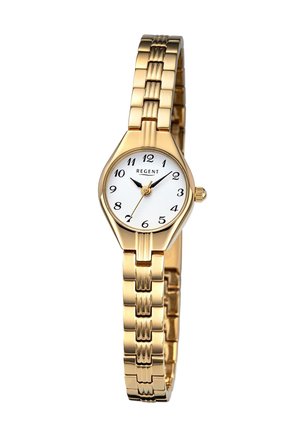 Montre en métal doré avec un boîtier octogonal, un cadran blanc, des index noirs, des aiguilles fines et un bracelet flexible à maillons.