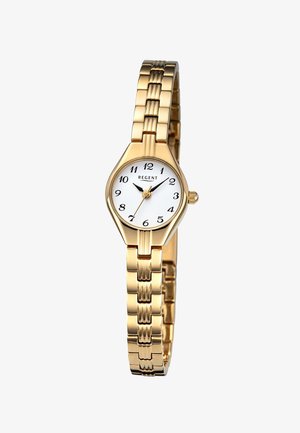 Gold-toned metal watch with octagonal case, white dial, black hour markers, thin hands, and a flexible linked bracelet.