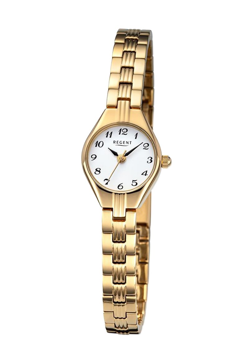 Montre en métal doré avec un boîtier octogonal, un cadran blanc, des index noirs, des aiguilles fines et un bracelet flexible à maillons.