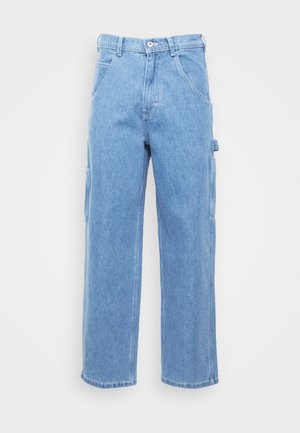 Light blue denim cargo pants with straight leg, front pockets, and side cargo pockets. Fabric texture is smooth with a slightly faded finish.
