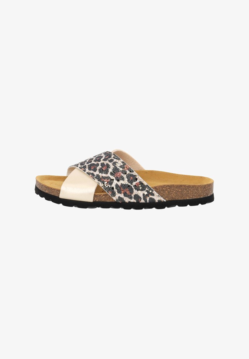 Ciabatte slip-on con tomaia in tessuto dalla stampa leopardata e accenti metallici dorati. Soletta in sughero e suola in gomma nera testurizzata.