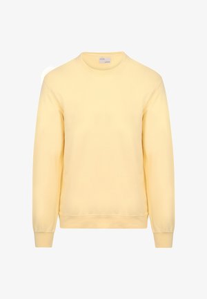 Gelbes Sweatshirt aus Baumwolle mit Rundhalsausschnitt, langen Ärmeln und gerippten Bündchen. Glatte Textur, lässiges Design, ohne Muster oder Verzierungen.