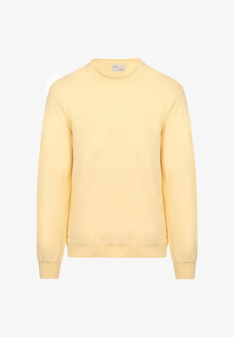 Gelbes Sweatshirt aus Baumwolle mit Rundhalsausschnitt, langen Ärmeln und gerippten Bündchen. Glatte Textur, lässiges Design, ohne Muster oder Verzierungen.