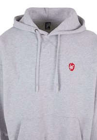 Grau Hoodie aus einem Baumwollmischgewebe. Features eine Fronttasche, eine verstellbare Kapuze mit Kordelzug und ein kleines rotes Logo, das auf der Brust gestickt ist.