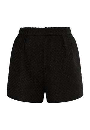 Shorts noirs avec un motif tissé texturé, une taille haute, des plis et des poches latérales pour une fonctionnalité supplémentaire.
