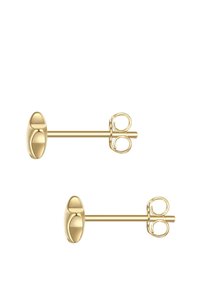 Boucles d'oreilles clous en or avec un design arrondi, présentant une surface lisse et des fermoirs papillon. Simples et minimalistes dans la forme et le style.