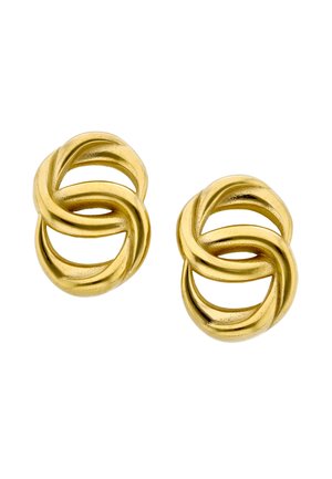 Para pozłacanych, skręconych kolczyków kołowych z wzorem przeplatających się pętli, przedstawionych na białym tle.