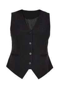 Svart väst med V-halsdesign, fem framknappar och två sidofickor med horisontell piping. Slät tyg och skräddarsydd passform.