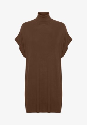 Brązowa bluzka z wysokim kołnierzem i krótkim rękawem, wykonana z miękkiego materiału, o luźnym kroju i subtelnej, prążkowanej fakturze przy kołnierzu i u dołu.