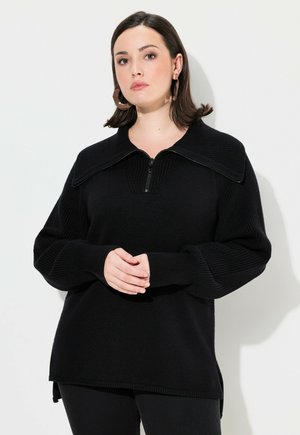 Schwarzer Strickpullover mit hohem Kragen, Reißverschluss vorne, gerippter Textur und langen Ärmeln. Der Saum ist hinten etwas länger.