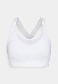 Hvit sports-bh laget av elastisk stoff med scoop-halsutskjæring og racerback-design. Har lysegrå justerbare stropper og en subtil tekstur.