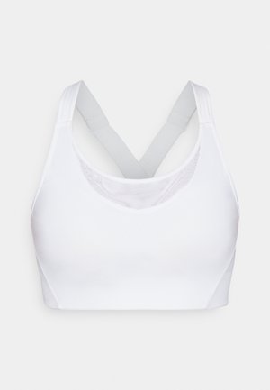 Bílý sportovní podprsenka vyrobená z elastického materiálu s výstřihem ve tvaru lodi a designem s překříženými zády. Obsahuje světle šedé nastavitelné ramínka a jemnou strukturu.