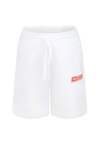 Shorts bianchi in cotone con vita elasticizzata e cordoncino. Presentano il logo rosso "DIESEL" sul lato sinistro anteriore. Tessuto liscio e design casual.