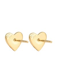 Guld hjerteformede stud øreringe med en blank finish, der har et enkelt design og en lige stift for sikker bæreevne. Markeret med "375."