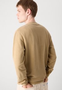 Sweatshirt de algodão castanho com decote redondo e mangas longas, apresentando um tecido texturizado e um corte descontraído. Design simples com punhos canelados.