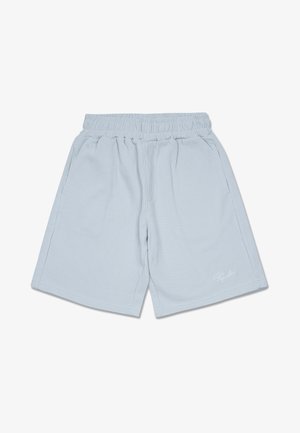 Calções de malha azul claro com cintura elástica, bolsos laterais e um pequeno logótipo branco no canto inferior esquerdo.