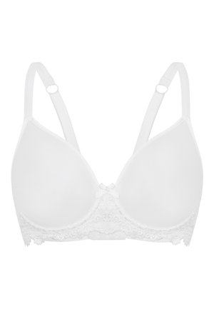 White bra with smooth cups and lace trim at the band. Features adjustable straps and a small bow detail at the center.