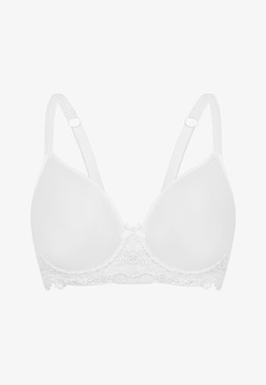 White bra with smooth cups and lace trim at the band. Features adjustable straps and a small bow detail at the center.