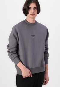 Grå sweatshirt lavet af blødt stof, med rund hals, ribbede mansjetter og teksten "ESS.WRD. Style" trykt på forsiden.