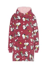 Snoopy-themed hooded fleece robe in burgundy, featuring an all-over print of Snoopy and Woodstock with polka dots and a soft, plush texture.