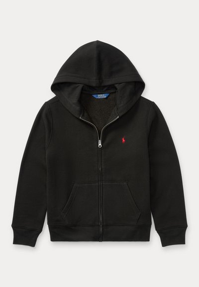 Black zip-up hoodie with front pockets, a hood, and a small red embroidered Polo Ralph Lauren logo on the left chest.
