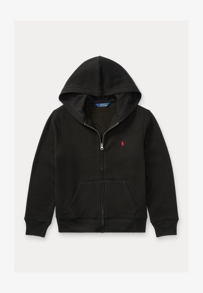 Sweat à capuche noir zippé avec poches avant, une capuche et un petit logo Polo Ralph Lauren rouge brodé sur le côté gauche de la poitrine.
