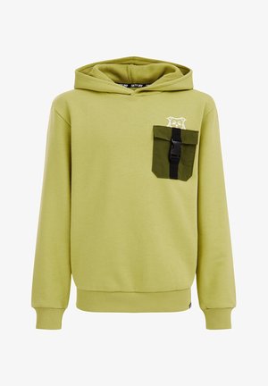 Jasnozielona bluza z kapturem z ciemnozieloną kieszenią z przodu z czarną klamrą i małym, białym logo przedstawiającym twarz psa nad nią.