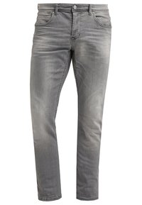 Jean droit en denim gris avec cinq poches, coutures apparentes, bouton devant et braguette zippée, présenté sur un fond blanc uni.