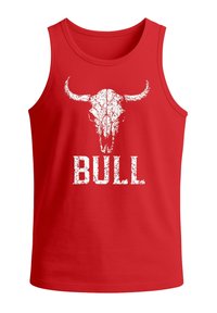 Red tank top with a bold white graphic of a bull skull and the word "BULL" underneath, featuring a distressed texture effect.
