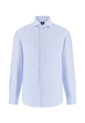 Chemise habillée pour homme à manches longues de couleur bleu clair, à boutons sur le devant et col étalé, présentée à plat sur un fond blanc.