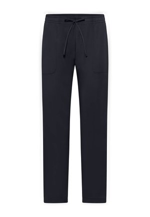 Marineblauwe joggingbroek van zacht materiaal, met een elastische tailleband met trekkingkoord, twee zijzakken en taps toelopende pijpen.