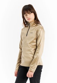 Gouden lange mouwen pullover met een kwart rits aan de voorkant, hoge kraag en een subtiele glans. Heeft een klein zwart logo op de borst. Glad textuur.