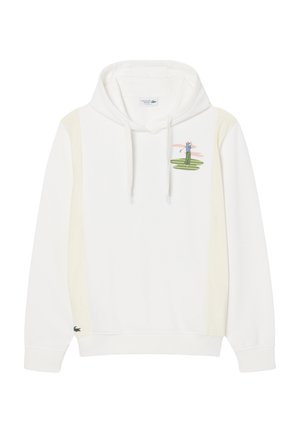 White hooded sweatshirt with cream side panels, front illustration of a golfer swinging on a green, and small green crocodile logo on the hem.