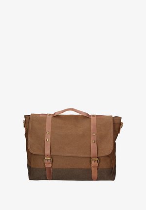 Borsa a tracolla in canvas marrone con dettagli in pelle, caratterizzata da una chiusura a pattina, spallacci regolabili e hardware in metallo. Forma rettangolare.