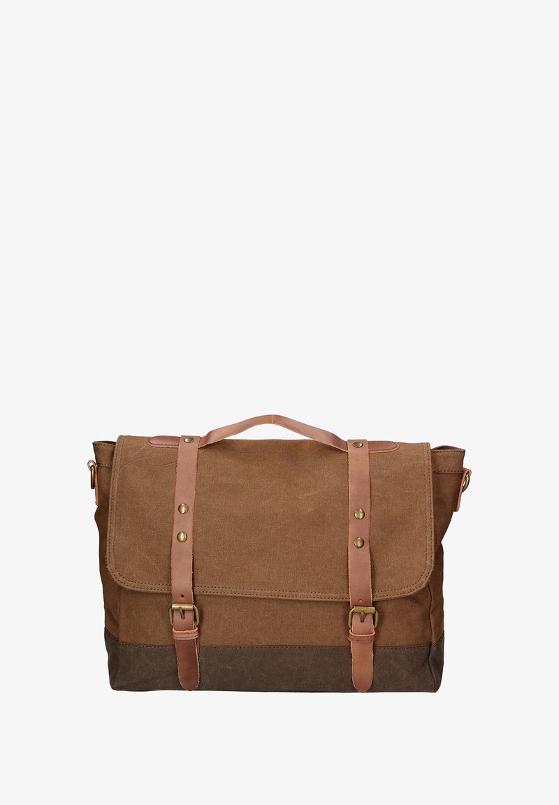 Borsa a tracolla in canvas marrone con dettagli in pelle, caratterizzata da una chiusura a pattina, spallacci regolabili e hardware in metallo. Forma rettangolare.