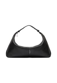 Czarna skórzana torba na ramię o zaokrąglonym, minimalistycznym designie. Posiada górny uchwyt i subtelne logo z przodu.